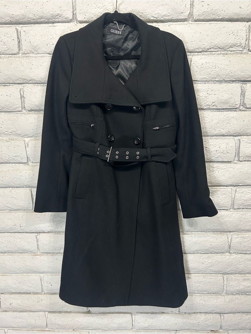 Guess Black Belted Trench Coat Large Double Breasted Wool Blend Coat
